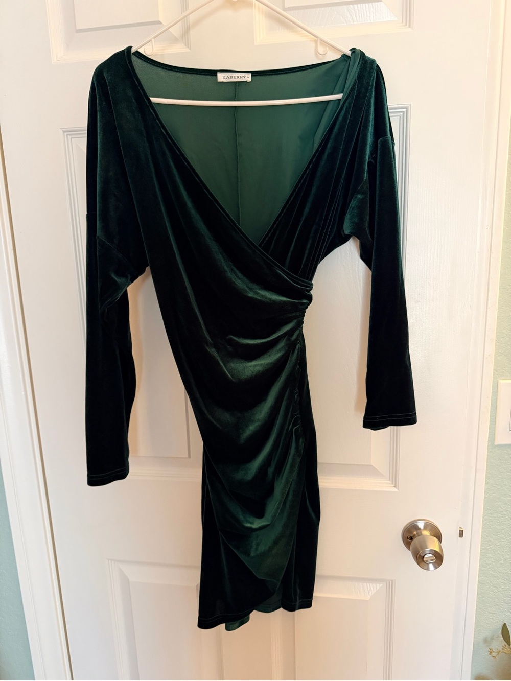 Deep Emerald Green Velvet Wrap-Style Long Sleeve Dress